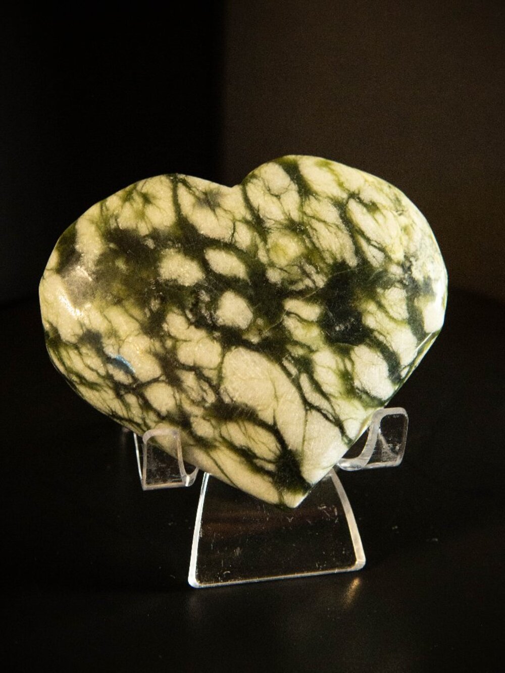 3.5" Natural Serpentine Heart Crystal | Large Green Spiderweb Serpentine Stone |